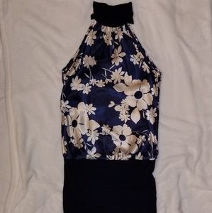 Navy blue blouse, sleeveless with flower print
